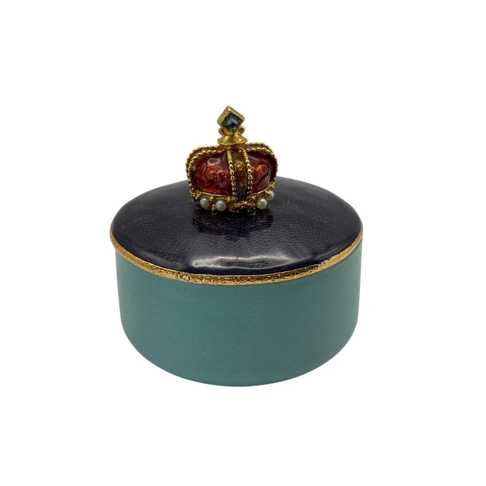Mike and Ally Crown‎ Trinket Box Navy Blue Teal Gold Enamel Jewelry Holder